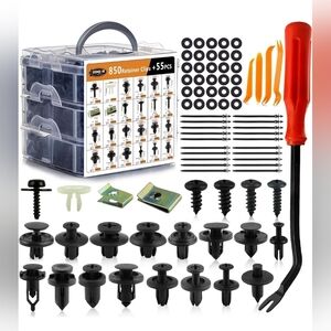 905PC Universal Car Push Fastener Clips Kit Red w/ Remover, GM Ford Toyota Honda